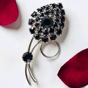 Vintage Black Rhinestone Flower Brooch Silver Tone Spray Pin Mid Century